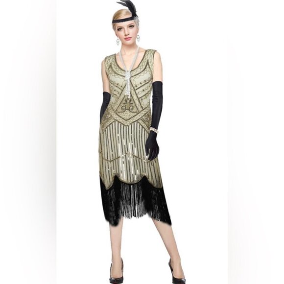 EUC Women's 1920s Gatsby Sequin Fringed Flapper Dress Gold | Size XXL - Picture 1 of 7